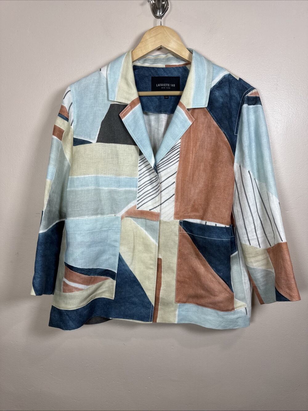 Lafayette 148 Womens Blazer 100% Linen Coastal Lagenlook M Abstract Art